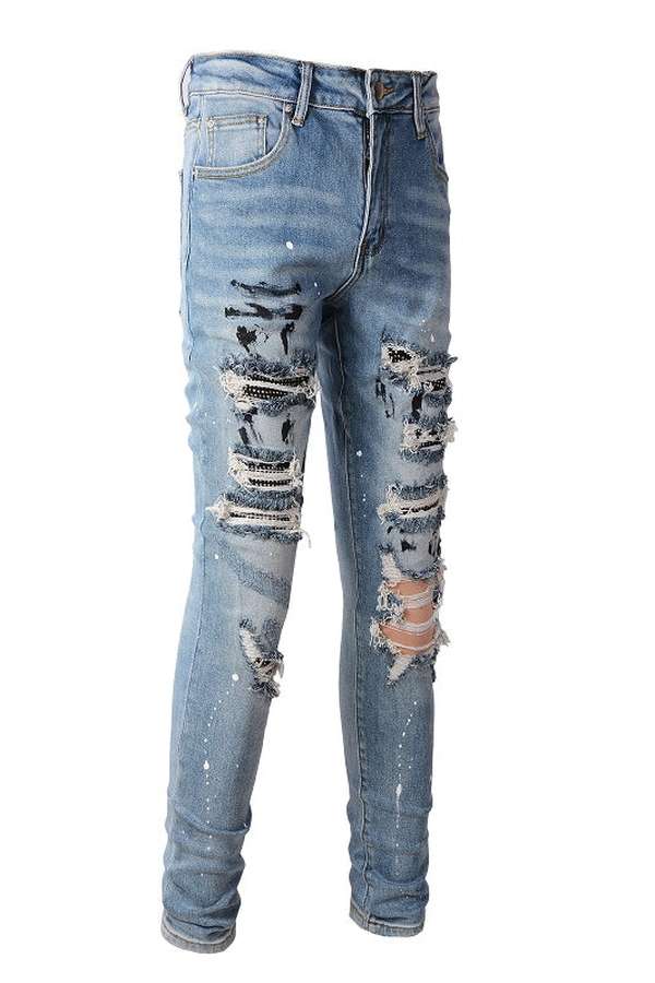 High Street Worn Out Wash Paint Splashing Perforated Jeans - Minihomy