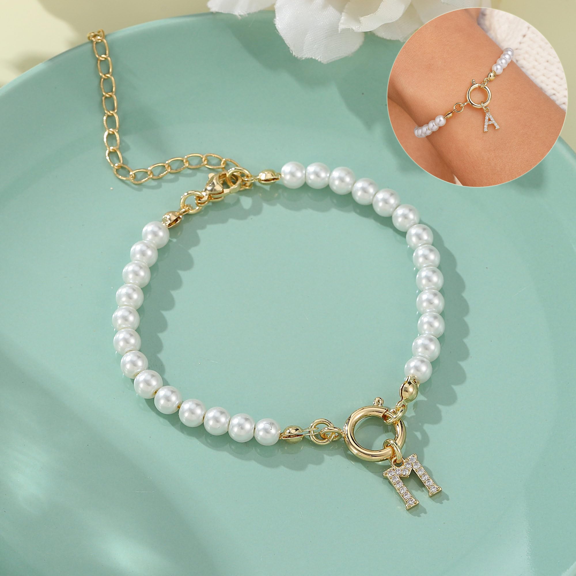 Personalized Initial Bracelet with Pearl Charm - A-Z Letter Toggle Clasp Jewelry Gift for Women