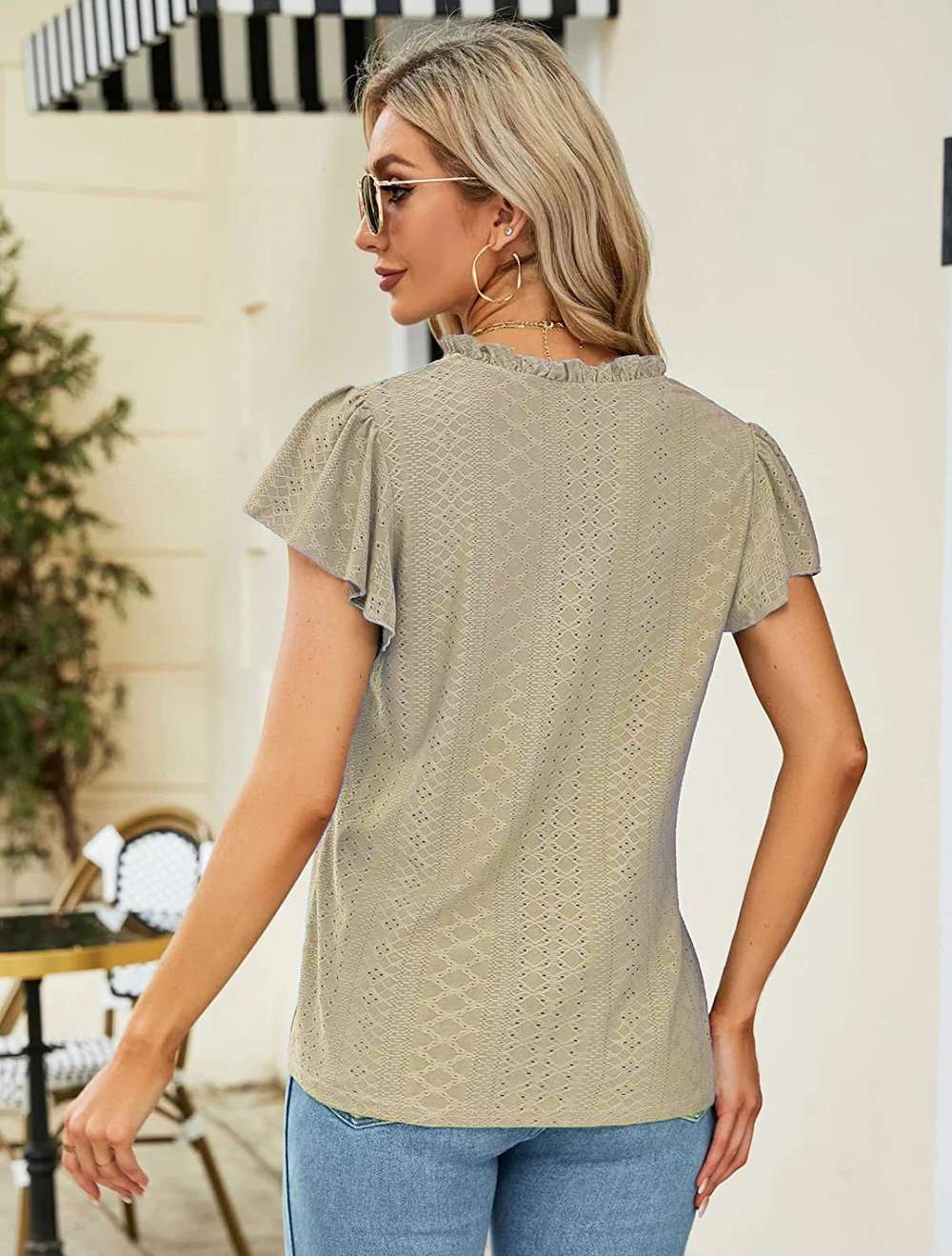 Jacquard V-neck Pile Sleeve Short Sleeve - Minihomy