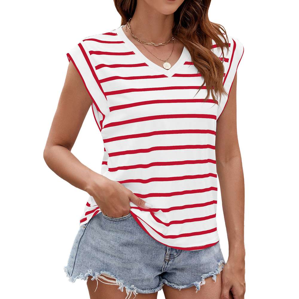 Fashion Stripe Print V-neck Short-sleeved T-Shirt Summer Loose Tank Top Womens Clothing - Minihomy