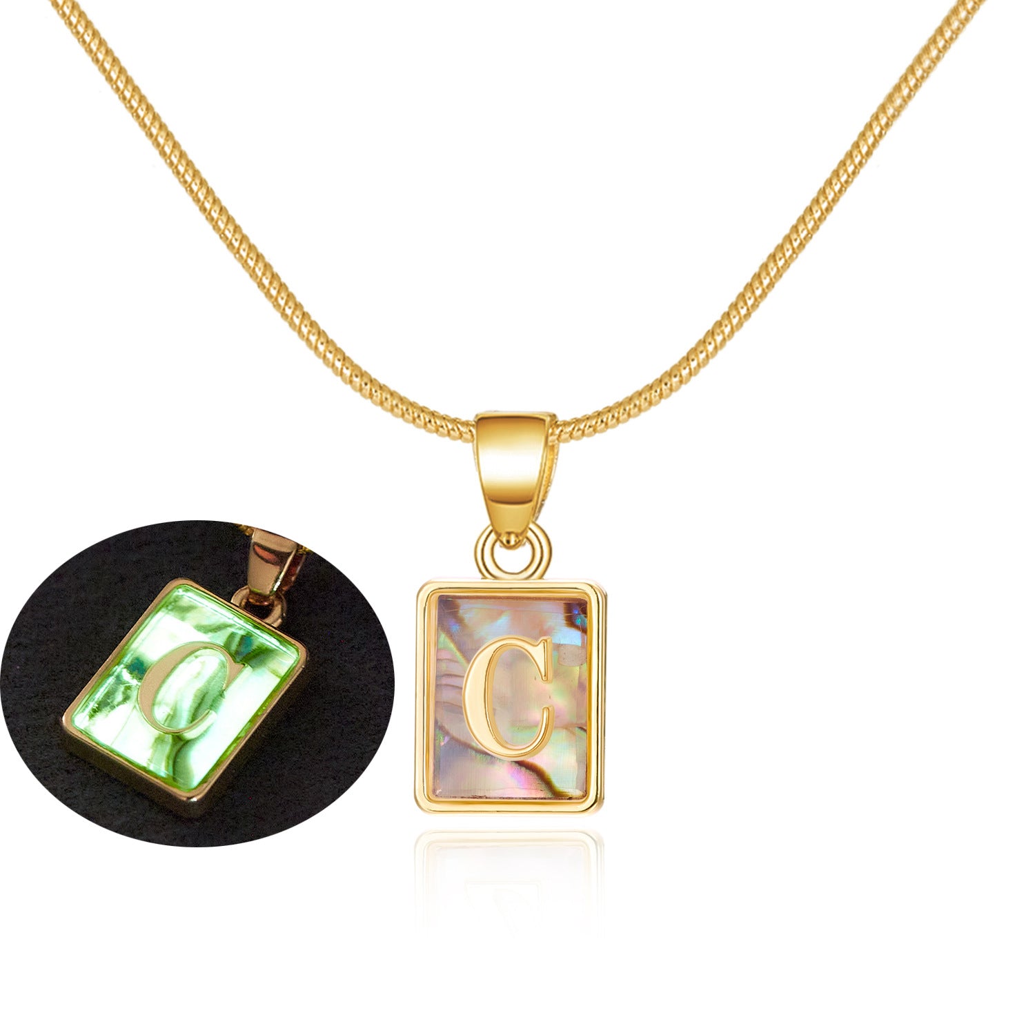 26 Letter Square Necklace Colorful Shell Luminous Pendant Chain Necklace For Women - Minihomy