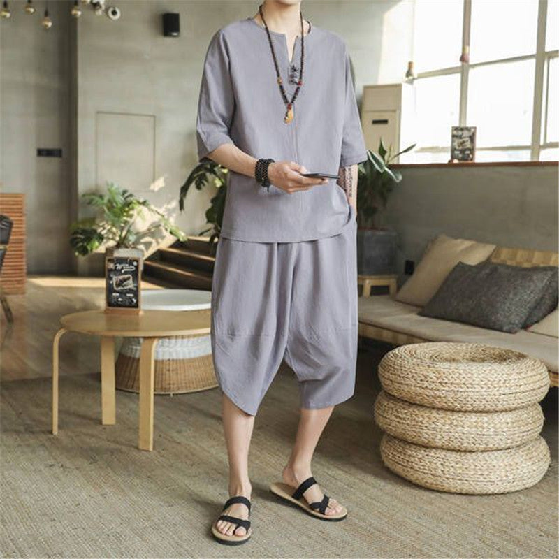 Men's Linen Suit Chinese Style Large Loose Cropped Trousers