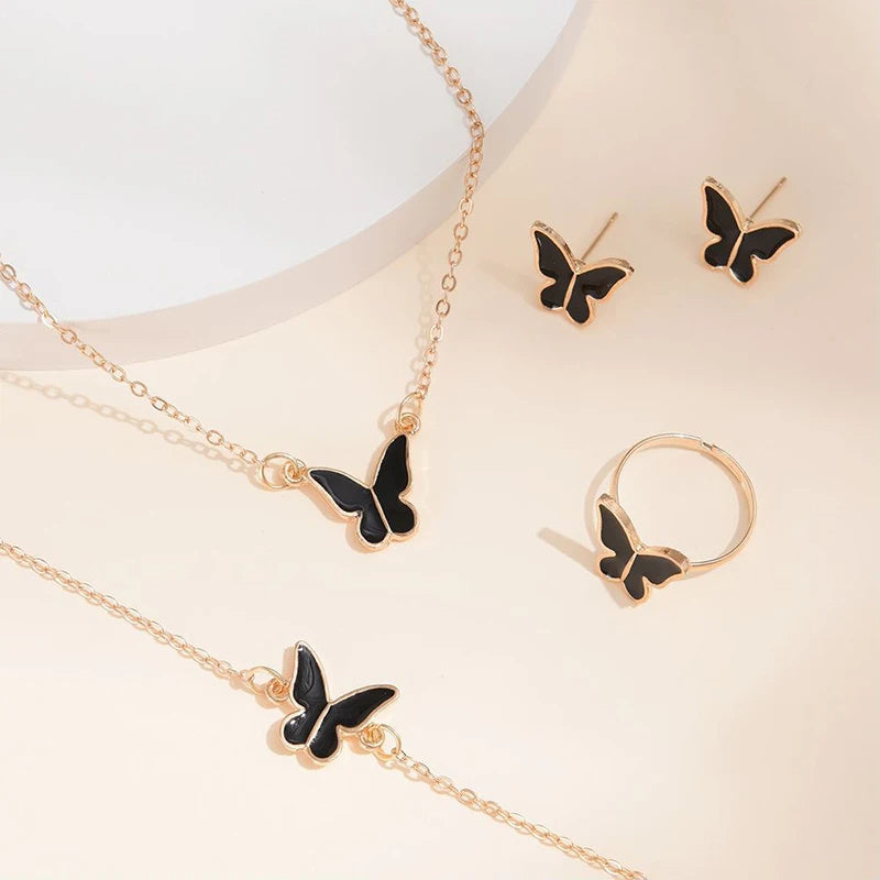 Butterfly Jewelry Set for Women - 5 Piece Necklace, Earrings, Ring, Bracelet