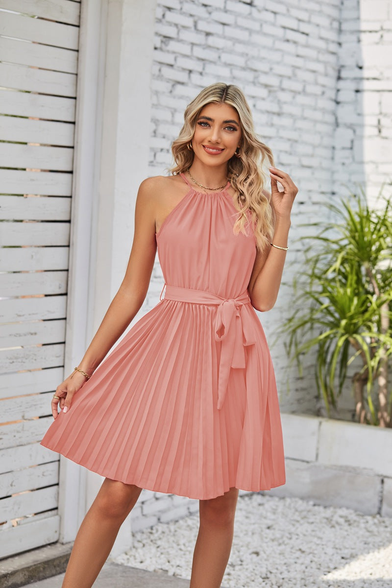 Halter Strapless Dresses For Women Solid Pleated Skirt Summer Beach Sundress - Minihomy