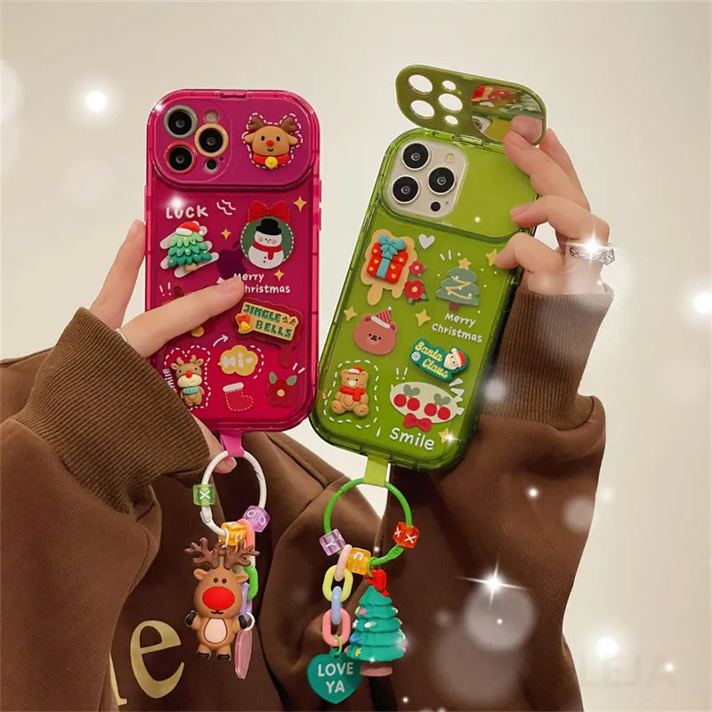 Xmas Santa Claus Cute Elk Hat Pendant Flip Christmas Phone Case Silicone Protection Cover