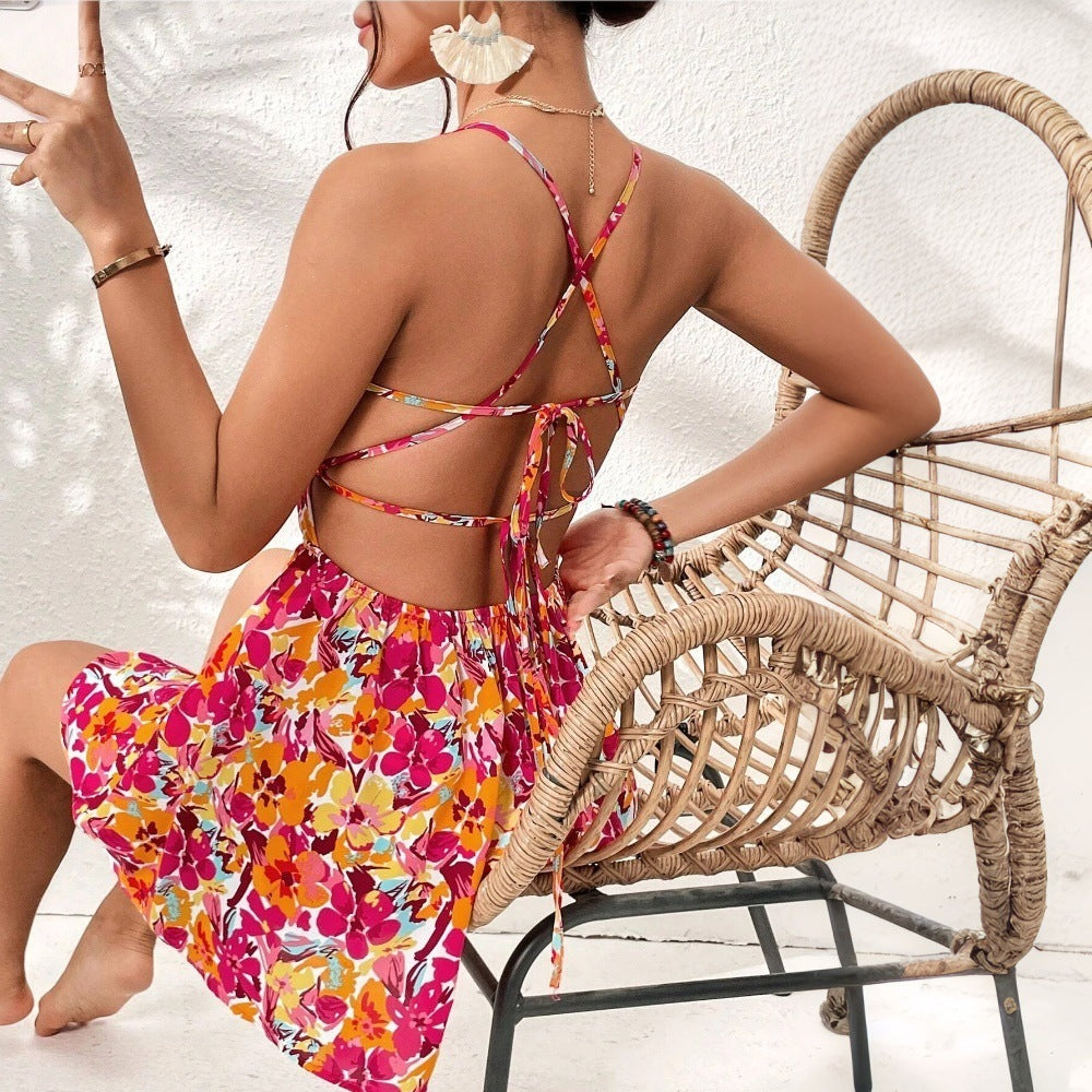 Summer Floral Lace-Up Back Mini Dress for Women