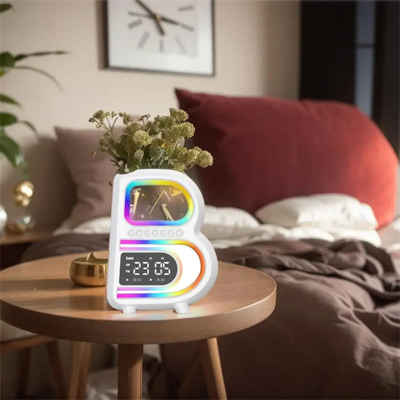 B-Shaped Bluetooth Speaker with Wireless Charger, Smart Music Rhythm Lighting, and Alarm Clock - Minihomy