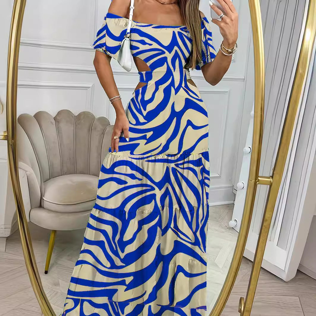 Printed One-line Collar Short-sleeved Long Dress With Hollow Waist Design Summer Vacation Dresses For Women Clothing