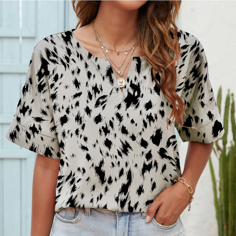 Printed V-neck Short-sleeved Casual Top T-shirt For Women