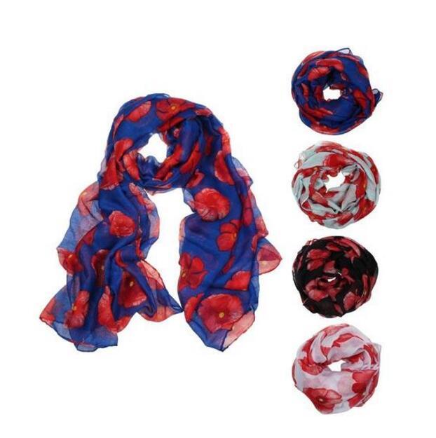 Red Poppy Flower Print Long Scarf