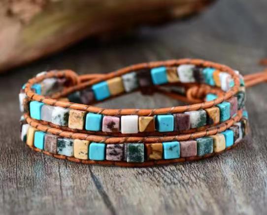 Leather Bracelets High End Mix Natural Stones 2 Strands Wrap Bracelets - Minihomy