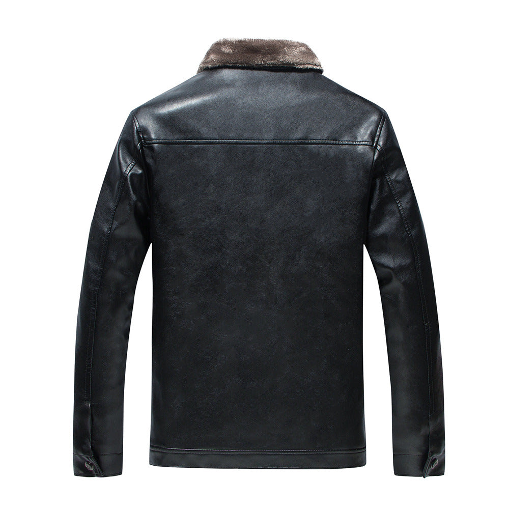 Men's Stand Collar Leather Jacket Plush Leisure