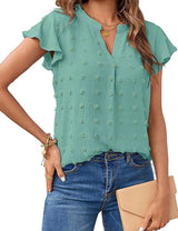 Women's Summer V Neck Ruffle Short Sleeve Blouse - Dot Flowy Shirt Top