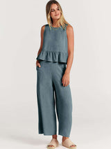 Casual Suit Summer Sleeveless Pleated Vest And Wide-leg Cropped Pants Two Piece Sets - Minihomy