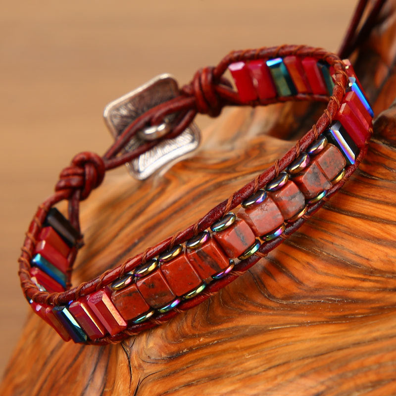 Handmade Multi Color Natural Stone Tube Beads Leather Wrap Bracelet - Minihomy