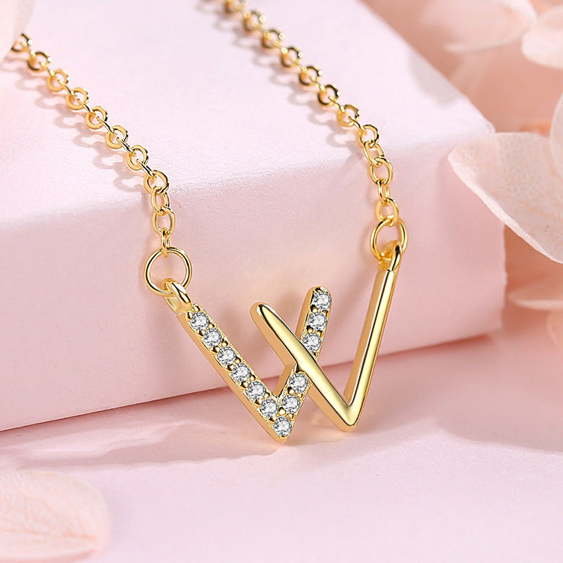 Letter W Necklace For Women Girls Stainless Steel Cubic Zirconia Clavicle Chain Necklaces - Minihomy