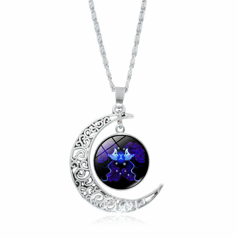 12 constellation time gemstone half moon pendant necklace