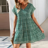 Flowers Print Short-sleeved Dress Summer Loose Chiffon A-line Dresses