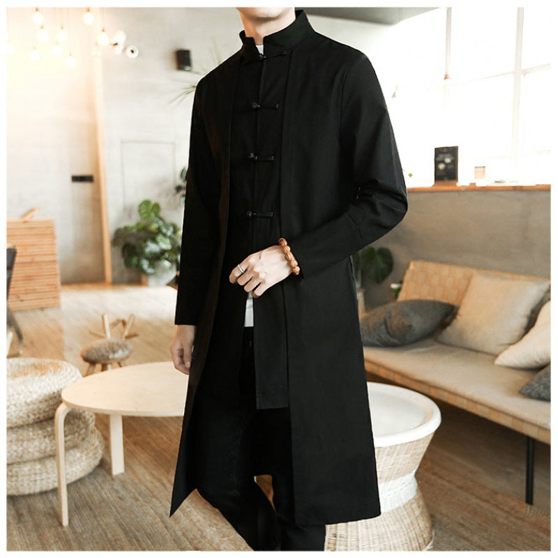Cotton And Linen Mid-length Trench Coat Men's Slim-fit Large Size Coat