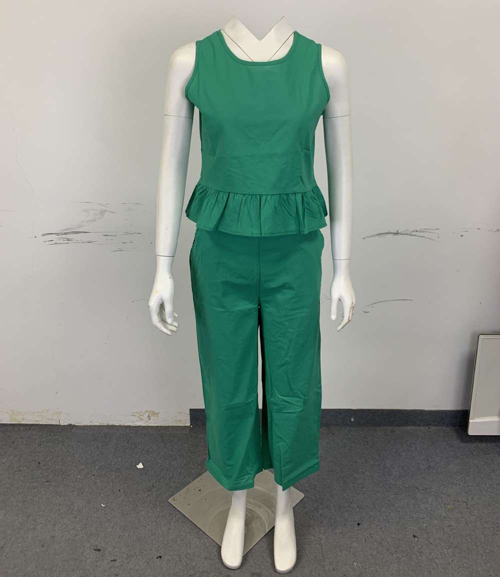 Casual Suit Summer Sleeveless Pleated Vest And Wide-leg Cropped Pants Two Piece Sets - Minihomy