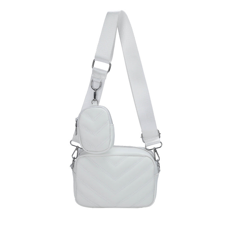 Simple Embroidered Line Shoulder Bag - Soft Leather Textured Retro