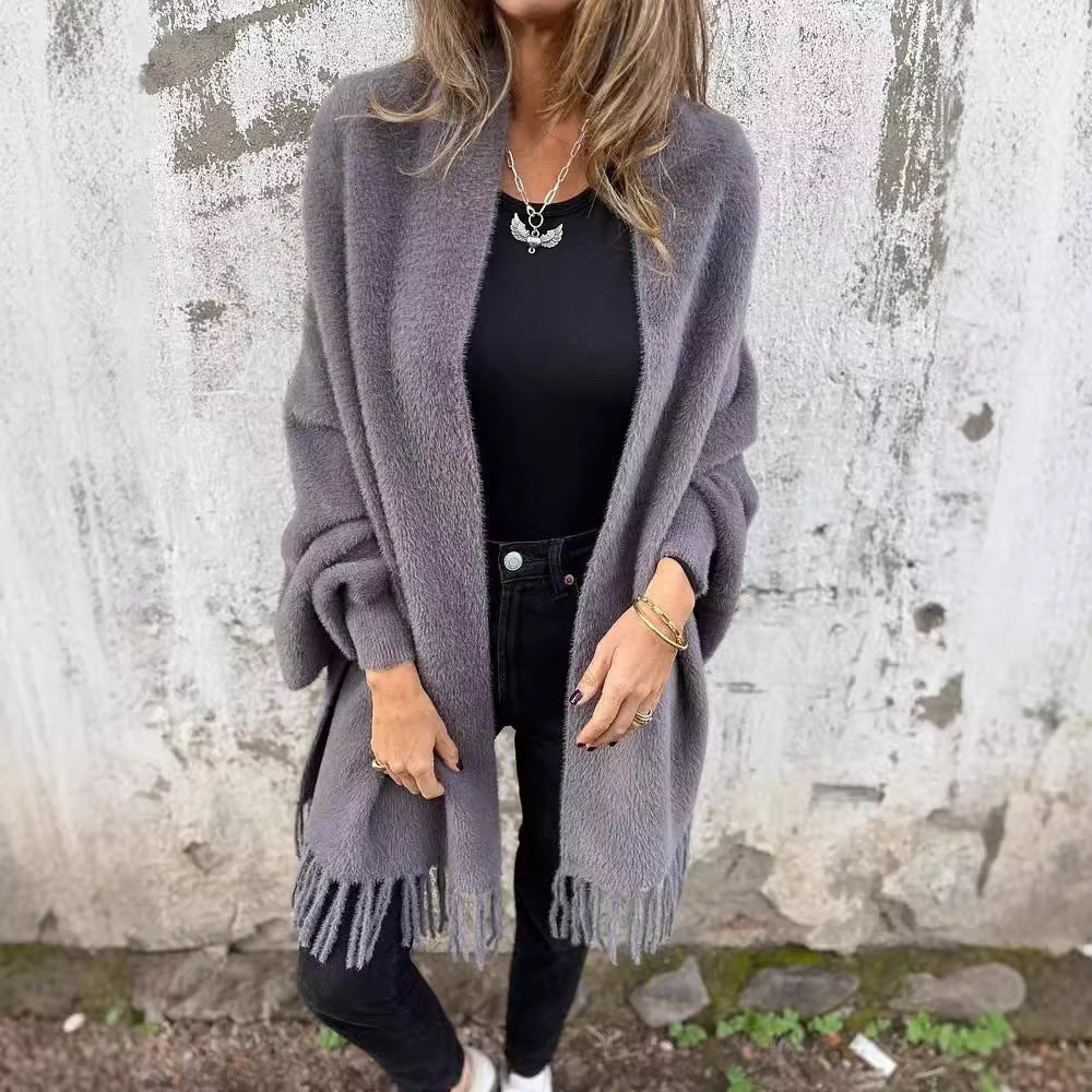 Women's Knitted Batwing Sleeve Cardigan With Tassel Design Fashion Loose Shawl Outwear Clothing