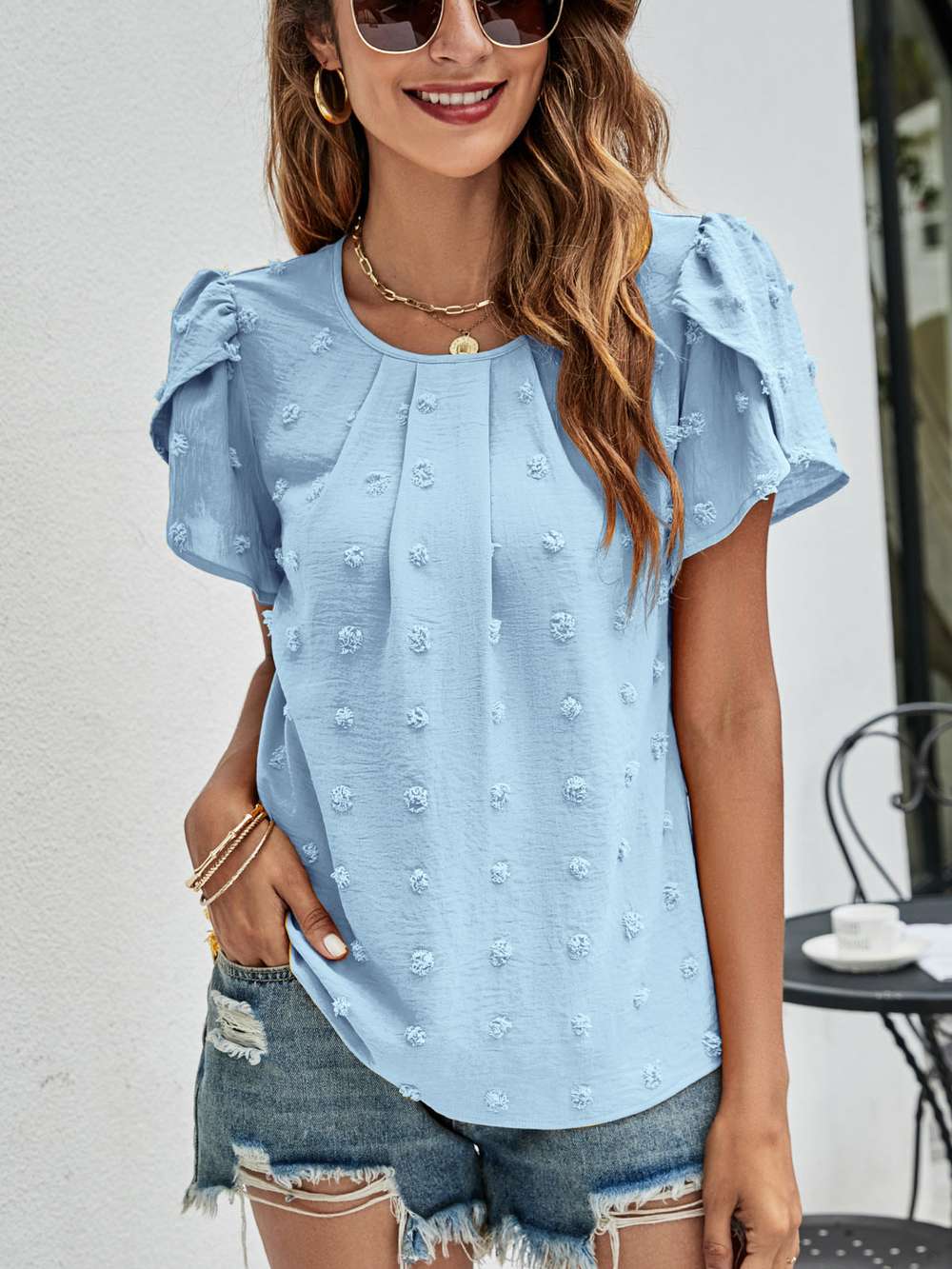 Crew Neck Casual Tulip Sleeve T-shirt Jacquard Top For Women - Minihomy