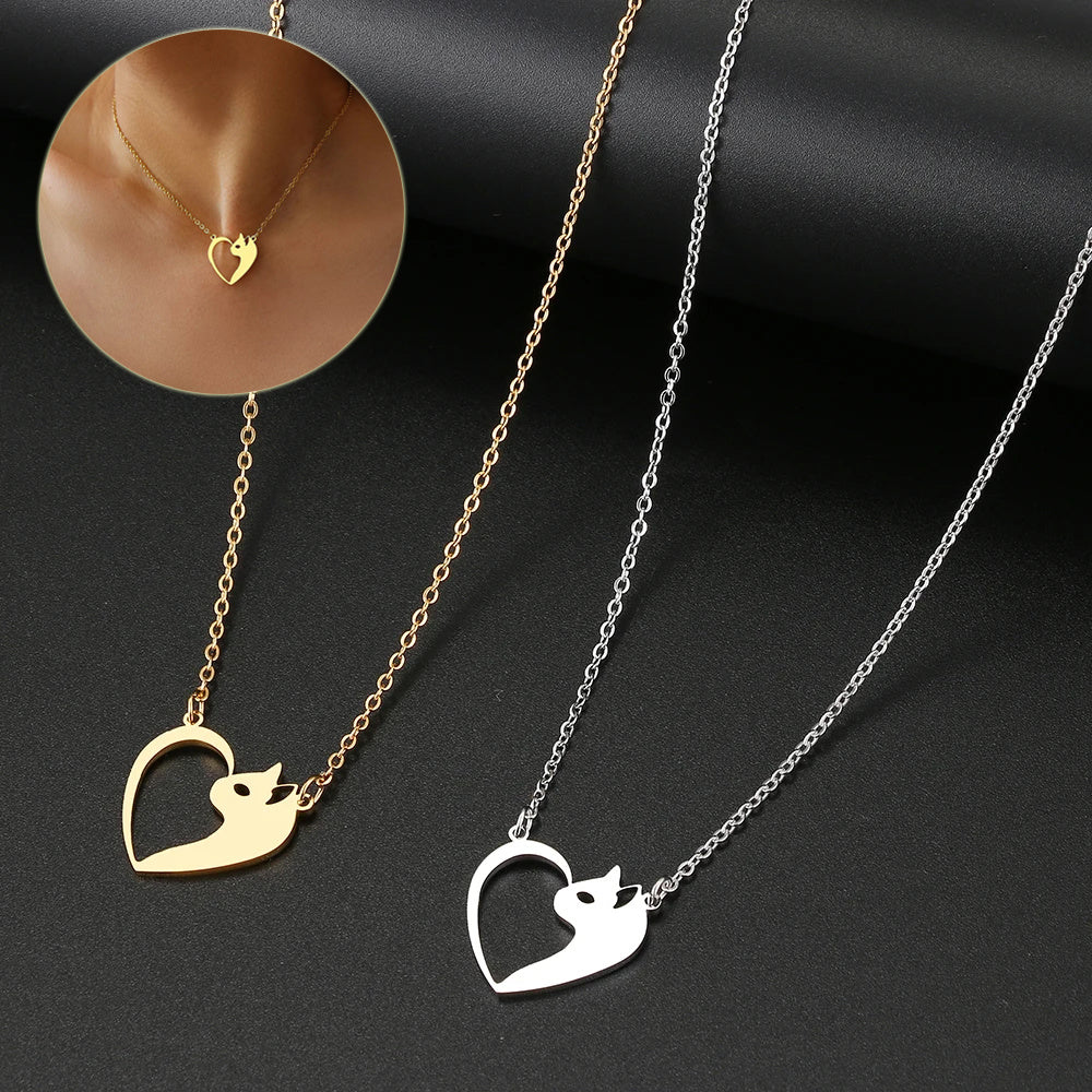 Women's Fashion Jewelry Stainless Steel Necklaces with Heart Cat Hollow Pendant Girls Gifts