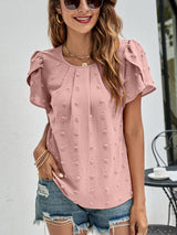 Crew Neck Casual Tulip Sleeve T-shirt Jacquard Top For Women