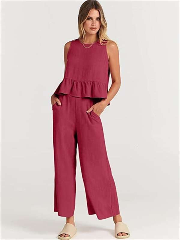 Casual Suit Summer Sleeveless Pleated Vest And Wide-leg Cropped Pants Two Piece Sets - Minihomy