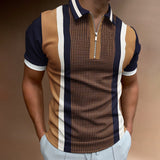Short Sleeve POLO Shirt Casual Striped Plaid Print Zip Sweatshirt