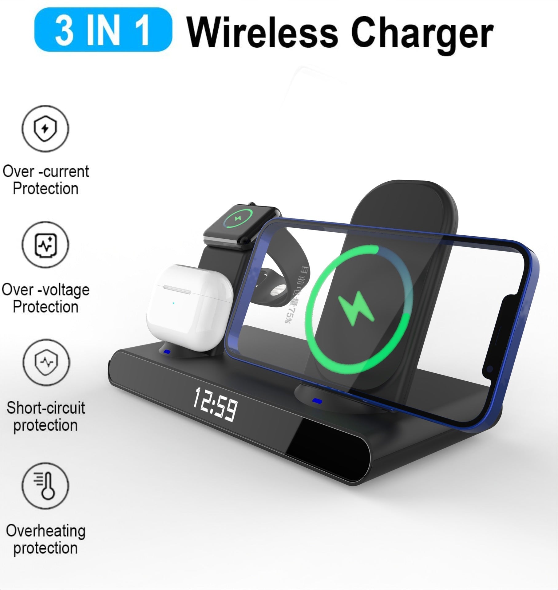 15W 3-in-1 Wireless Charging Station for Phone, Watch & Earbuds - Fast Charging Clock