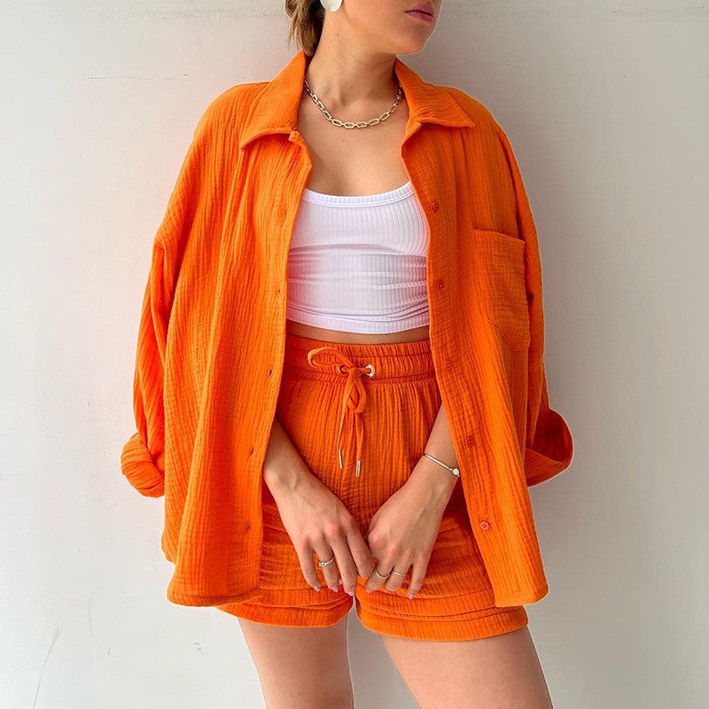 Long Sleeve Shirt and High Waist Drawstring Shorts Set