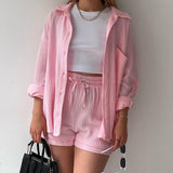 Long Sleeve Shirt and High Waist Drawstring Shorts Set