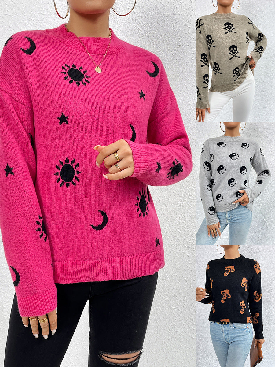 Jacquard Crewneck Pullover Knitted Sweaters For Women Casual Skull Halloween Sweater