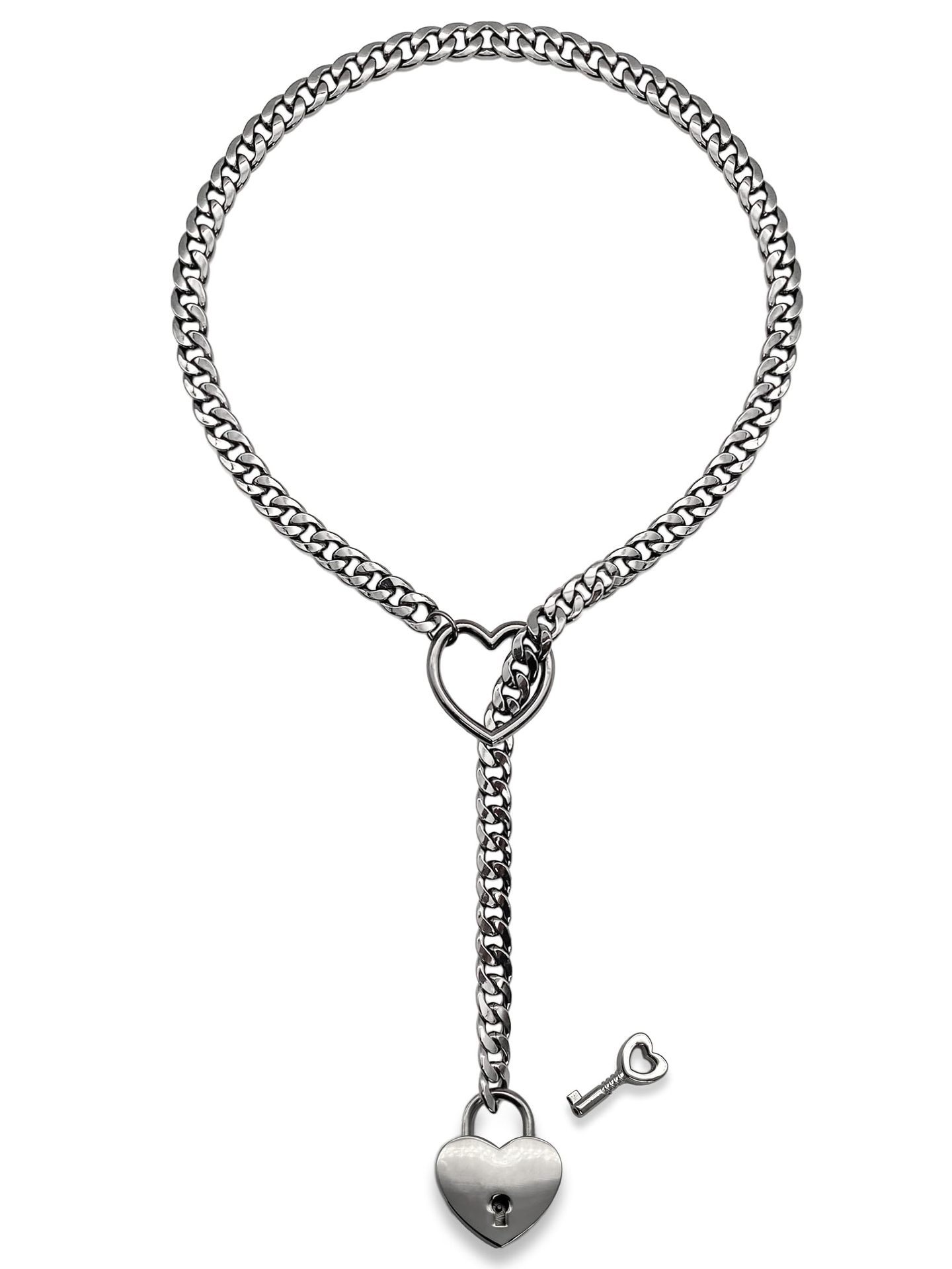 Adjustable Heart Lock Cuban Chain Necklace with Key - Silver/Gold