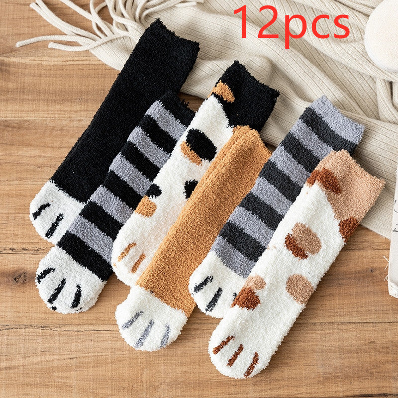 Women's Coral Fleece Cat Paw Pattern Thick Warm Socks