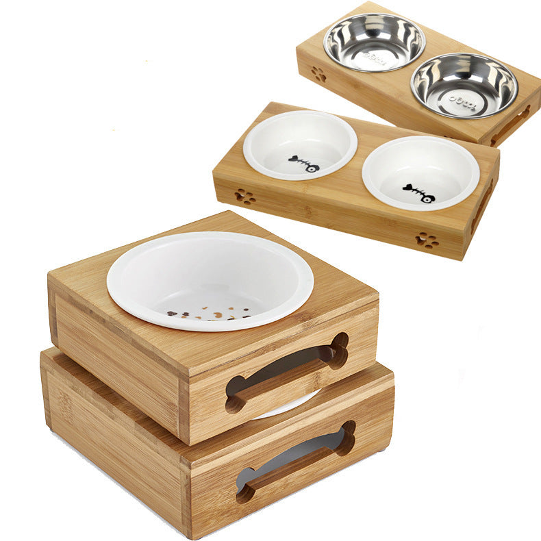 Bamboo & Ceramic Pet Dog Bowls - Single, Double, & Triple Sets - Stainless Steel Table