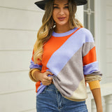 Women's Fashionable Simple Striped Patchwork Round Neck Sweater