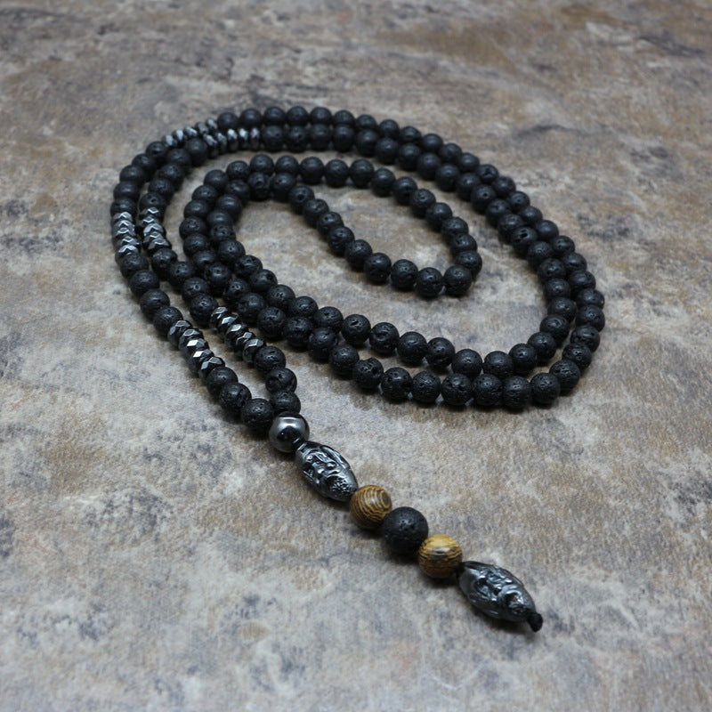 Men's Lava Rock Rosary Necklace - 6mm Beads, Pendant - Minihomy