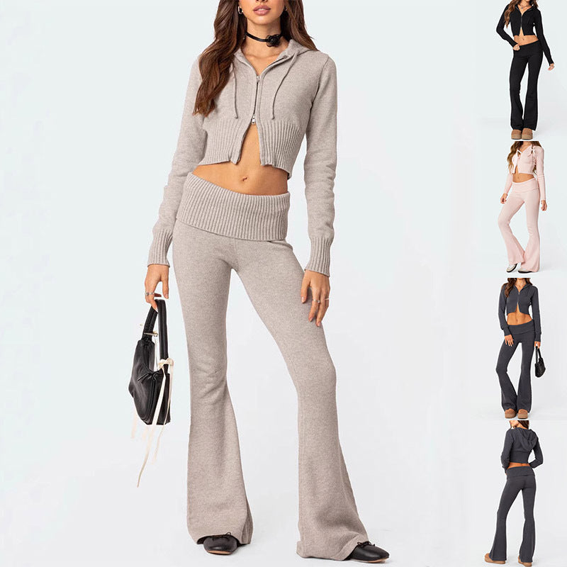 Women's Knit Hooded Zip-Up Crop Top & Flared Pants Set