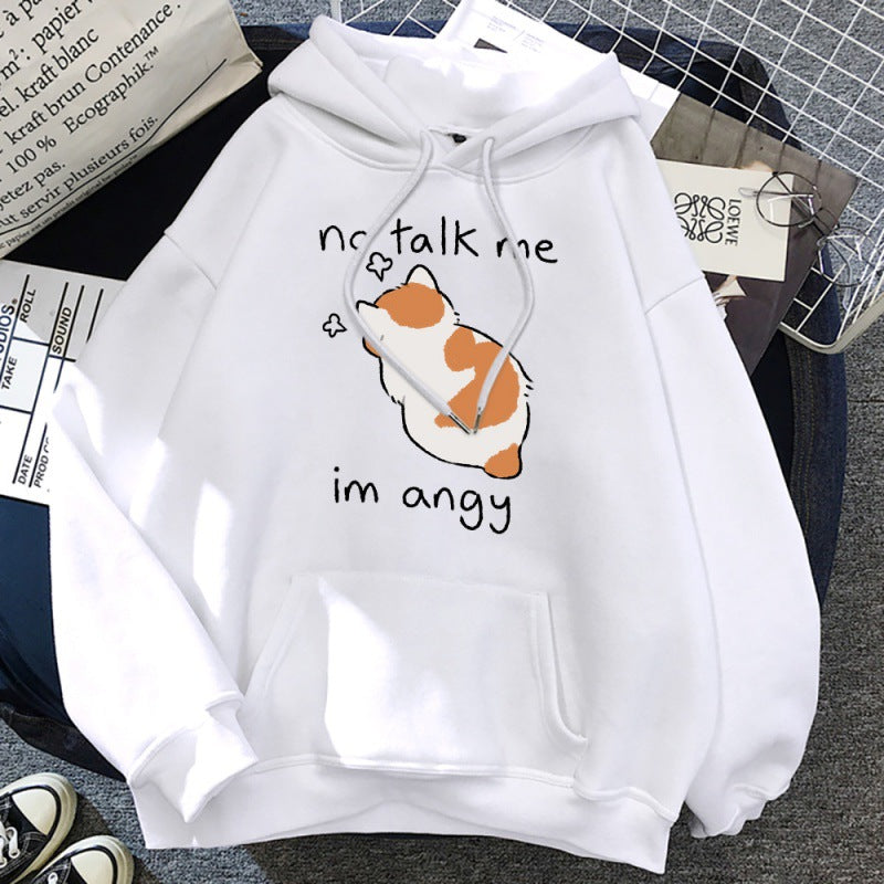 No Talk Me Cute Angry Cat Print Women Hoodie - Minihomy