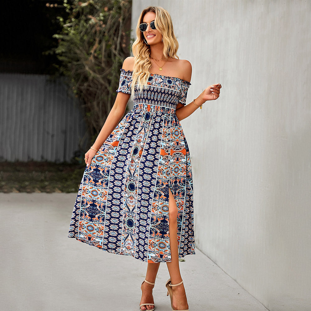 Women's Dress Boho Floral Print Off Shoulder Split Long A Line Beach Dress