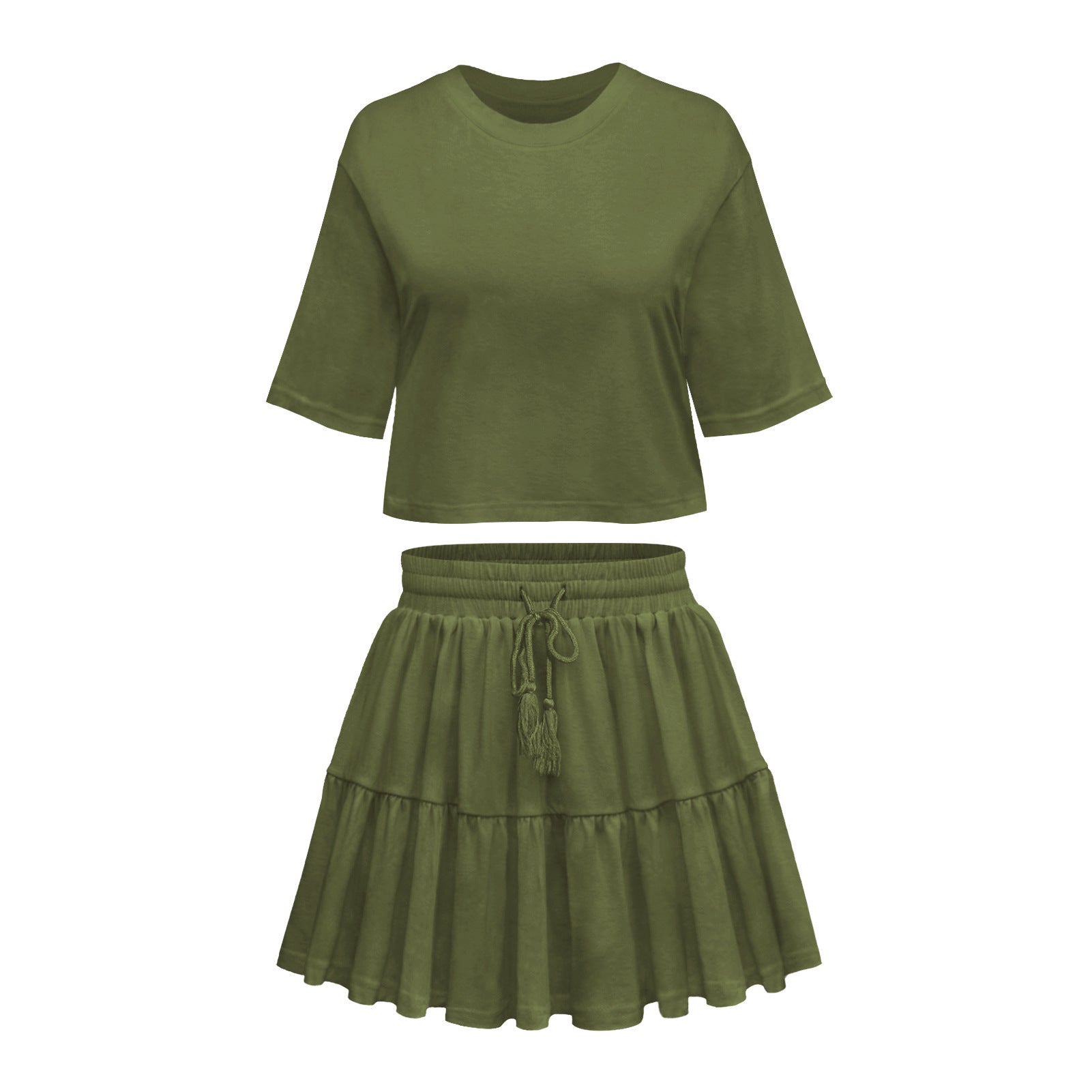 Round Neck Solid Color Half Sleeves Loose Top T-shirt Drawstring Pleated Skirt Commuter Suit