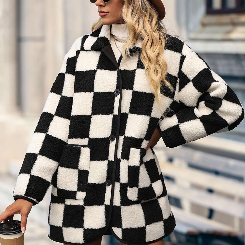 Mid-length Plush Hooded Chessboard Plaid Coat - Minihomy