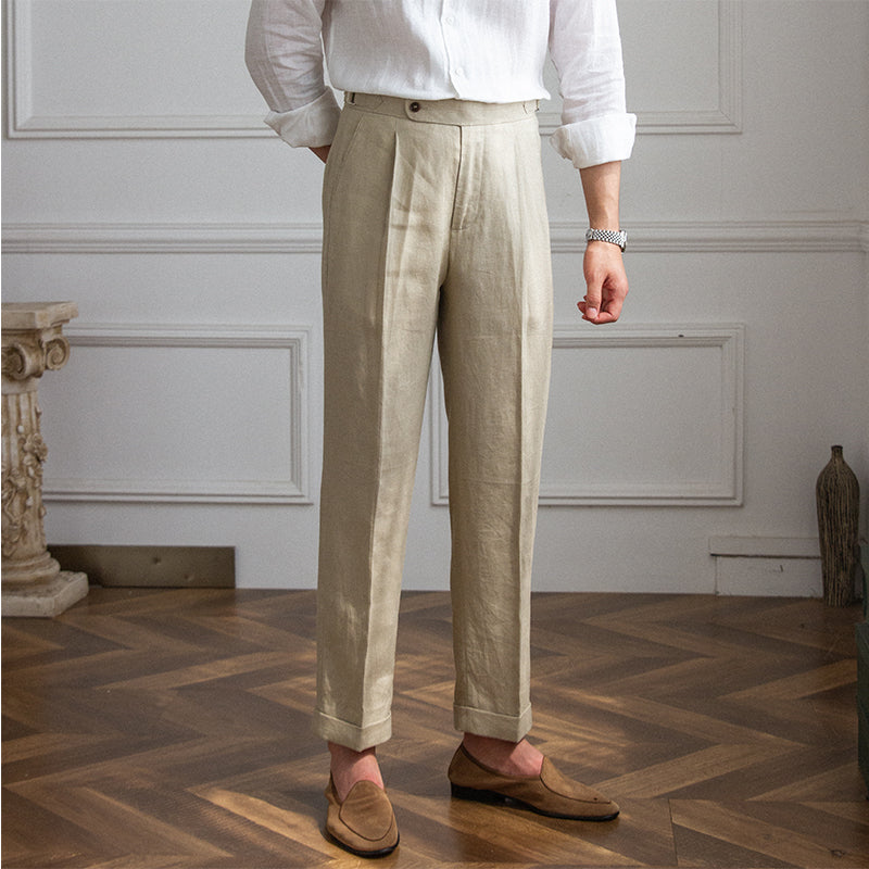 Men's Linen Straight Leg Pants High Waist Trousers Light Casual