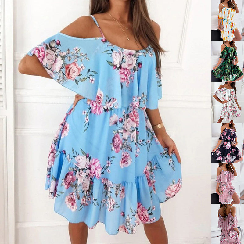 Women's Summer Floral Ruffled Off-the-Shoulder Suspender Dress