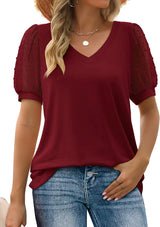 Women Summer Tops V Neck T Shirts Swiss Dot Puff Sleeve Tops Loose Casual T-shirts