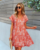 Flowers Print Short-sleeved Dress Summer Loose Chiffon A-line Dresses