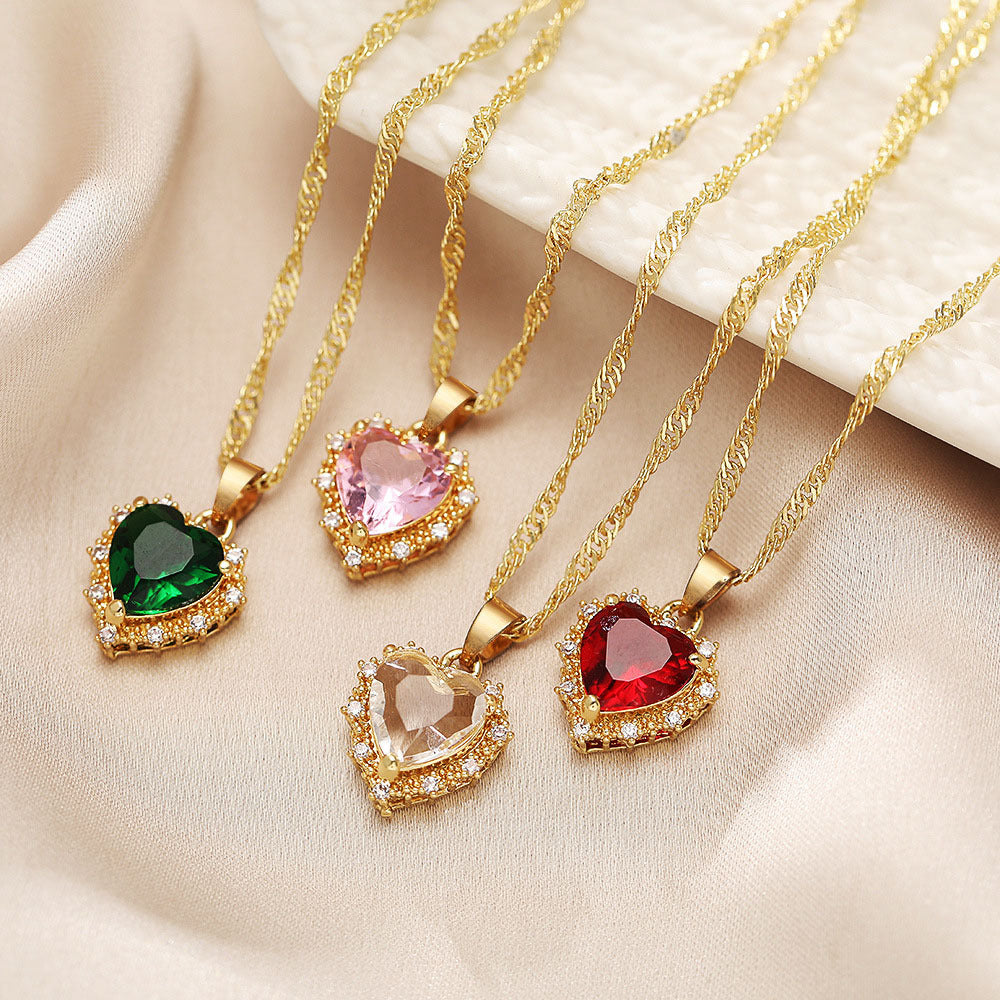 Colorful Rhinestones Heart-shaped Necklace - Love Gold Clavicle Chain